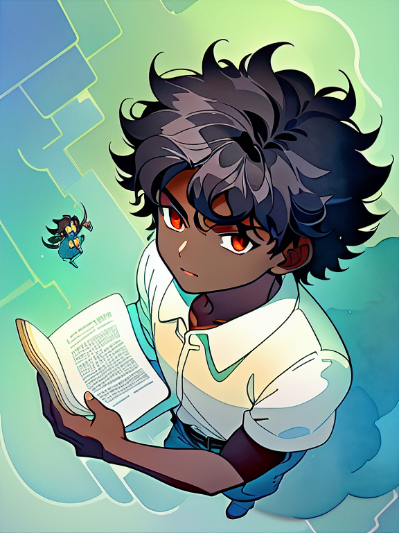 A cute young boy with feminine features, dark skin and curly pure white hair. He has glowing gray eyes. He is holding a book and seems aloof., style cartoon, colors, two-dimensional, planar vector, character design, Studio Ghibli style, fantasy art, watercolor effect, Alphonse Mucha, Adobe Illustrator, digital painting, soft lighting, aerial view, isometric style, retro aesthetics, focusing on people, 8K resolution, octane render