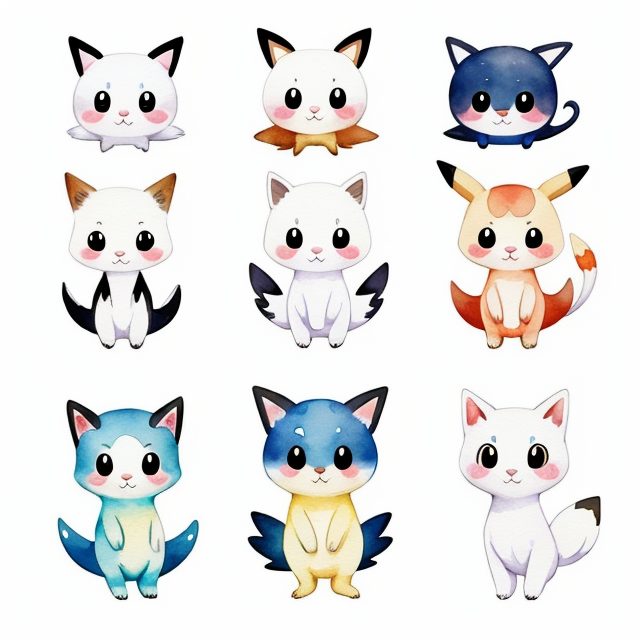 , nice art, well hand-drawn art, colorful, Small body, Cute animal, Cute clothing, Full body, Cute Eyes, Cute expressions, Watercolor style, Storybook style, Character Design, Illustrator, Digital watercolor, White background, Cartoon style, Kawaii, white background, one single character, pokemon style