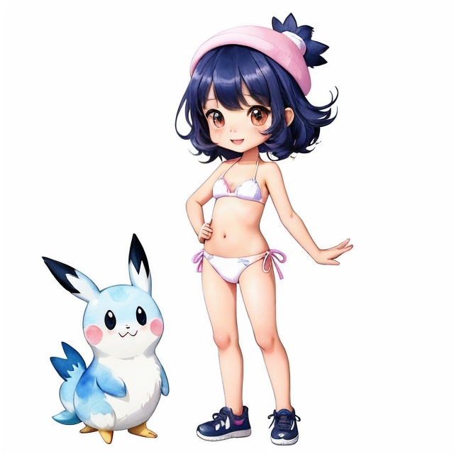 fille 5 ans en bikini, nice art, well hand-drawn art, colorful, Small body, Cute animal, Cute clothing, Full body, Cute Eyes, Cute expressions, Watercolor style, Storybook style, Character Design, Illustrator, Digital watercolor, White background, Cartoon style, Kawaii, white background, one single character, pokemon style