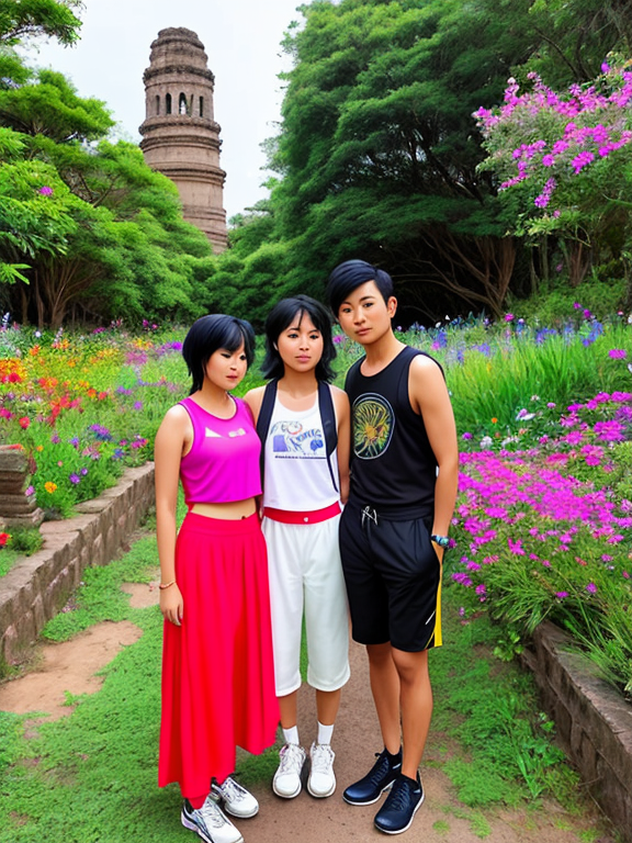 2 people standing in a vibrant setting. The first person is a young South East Asian woman with shoulder length brown hair with curtain bangs, wearing sneakers, maxi skirt, crop top, and a sling bag.   The second people is a young South East Asian man with short black hair, wearing sneakers, a t-shirt, long pants and a messenger bag.  Their clothes are plain in colour and they are akin to pokemon trainers  Numerous Pokemon are gathered around them , from a fluffy Evee at her feet to a majestic Charizard overhead. All around the scene, the landscape is filled with lush local flora, the tall cacti and vibrant wildflowers. A hint of ancient ruins can be glimpsed in the distance, hinting at the rich cultural history of the area.