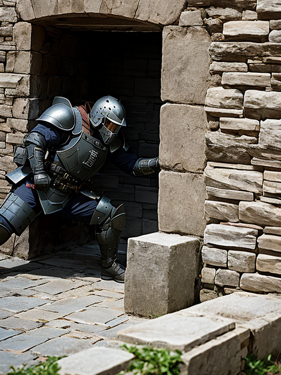  An armored guard catapults his body smashing it into a stone brick wall splattering his guts all over the wall