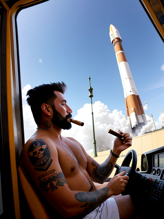 A Goofy man smoking a cigar his tattooed hairy arm hangs out from a window of a space shuttle on wheels driving in the city.