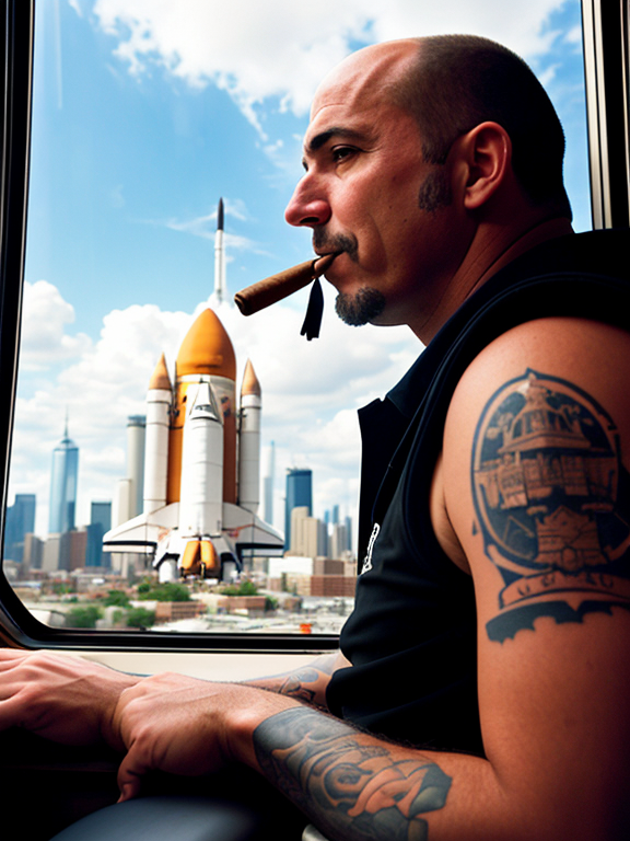 From outside looking at the side of A Goofy man smoking a cigar his tattooed hairy arm hangs out from a window of a space shuttle on big wheels driving in the city.