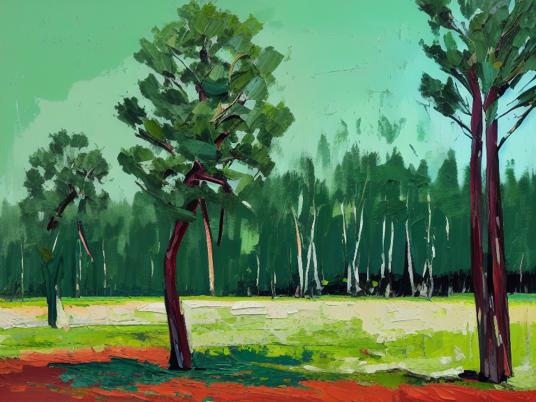 landscape with right side green and full of trees while left side is dry, rocky, and has dead trees, midcentury modern, oil painting, 8k, high quality, brushstroke painting technique, palette knife painting, Minimalism