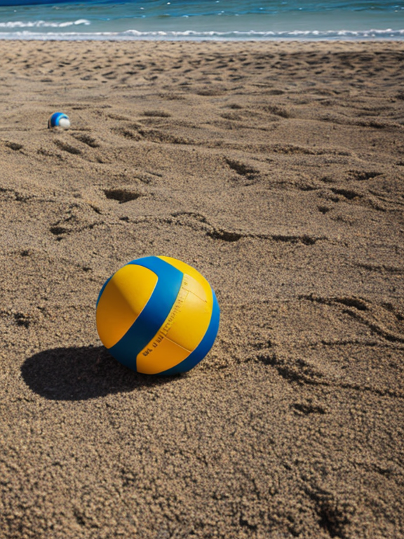 A yellow and blue volleyball lying in the sand on a beach
