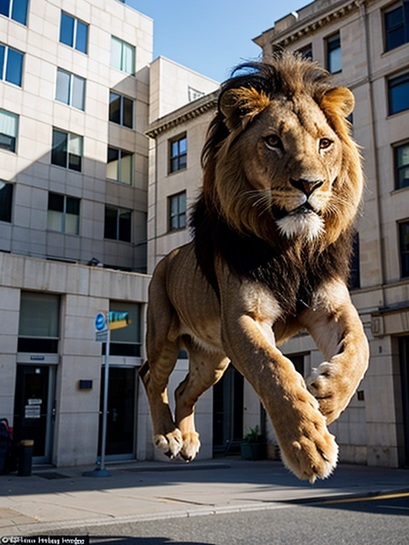 take a photo of a lion jumping a building