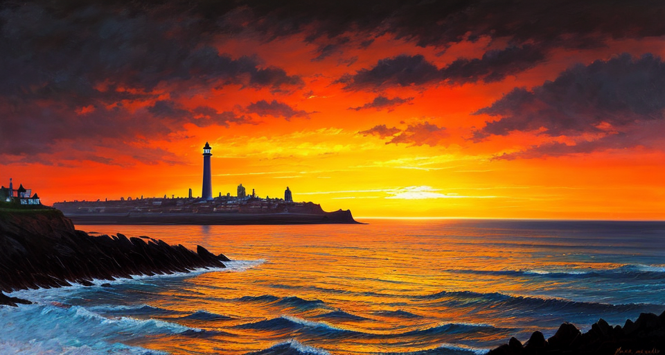 A captivating seascape painting featuring an awe-inspiring sunset. The sky is painted in a fiery blend of orange, yellow, and black hues, with streaks of light radiating from the setting sun. The sea below mirrors the vibrant colors, creating a stunning contrast as waves fiercly crash onto the paved beach walk. Soaring above are silhouettes of birds, possibly seagulls, their dark forms contrasting against the vivid backdrop. In the distance, a lighthouse stands tall, providing a beacon of hope and guidance amidst the breathtaking landscape., cinematic, painting