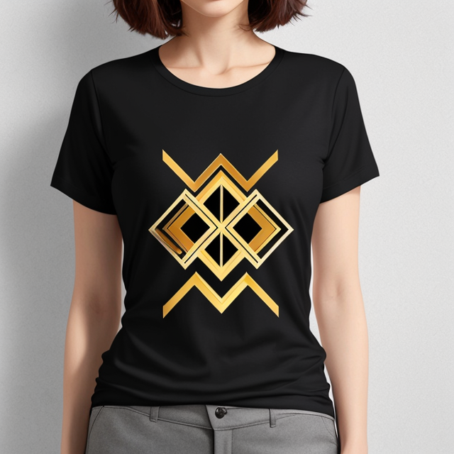  a t-shirt design that incorporates the sleek and elegant elements of Art Deco with a modern twist. Use geometric patterns, metallic colors, and bold lines to create a sophisticated and contemporary .