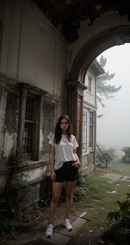 A young woman named Sara, dressed in casual clothes with a determined look on her face, stands in front of an old, abandoned mansion surrounded by fog and overgrown vegetation.