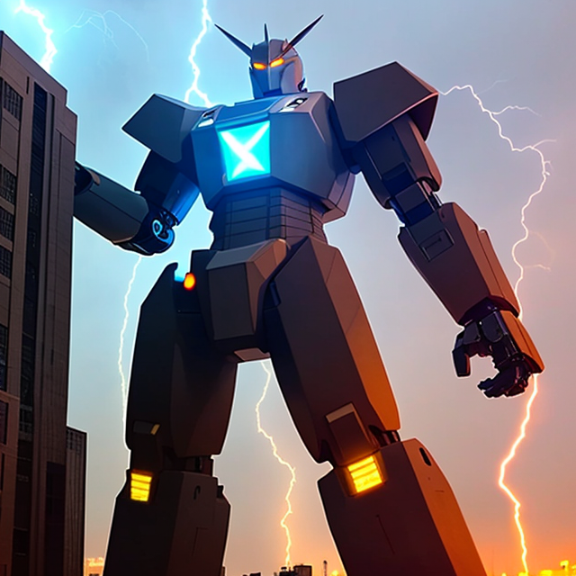 I want you to make a giant robot in the shape of an electric dragon that shoots lightning to save a school from a villain who destroys the city, GIANT ROBOT