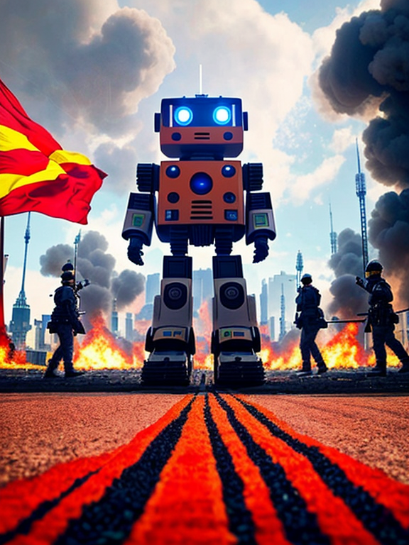 robot grande con otros robots abajo en sus pies, un fondo de una bomba explotada y la bandera de España arriba