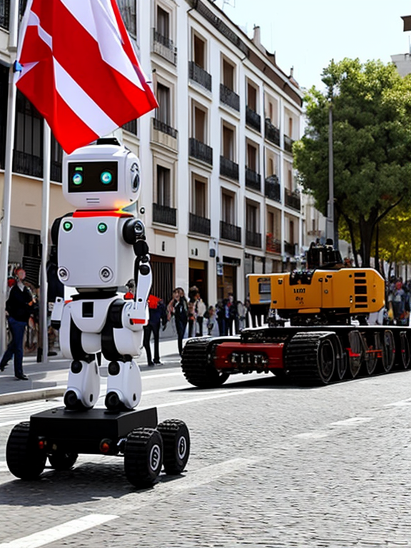 robot realista grande con otros mini robots abajo en el suelo, un fondo de una bomba explotada y la bandera de España arriba
