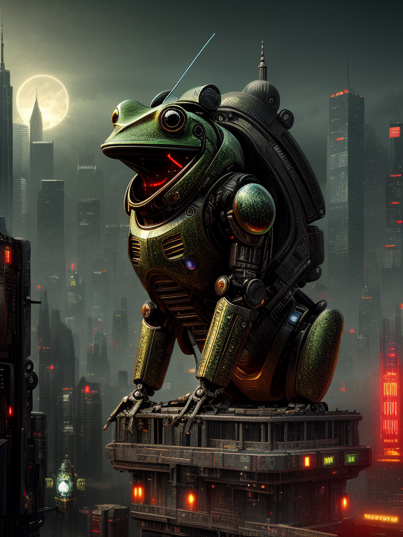  robot frog, cyberpunk, Apocalypse, Dark fantasy, Cityscape, 8k wallpaper, Dark color palette, Hieronymus Bosch, H. R. Giger
