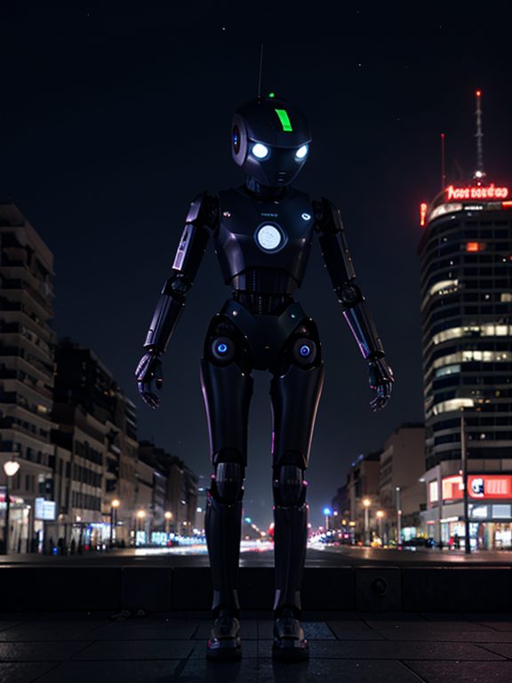 haz un robot invadiendo una ciudad tenebrosa por la noche