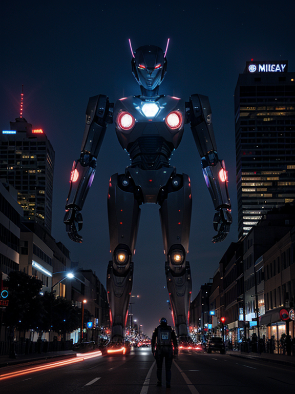 haz un robot gigante invadiendo una ciudad tenebrosa por la noche, GIANT ROBOT