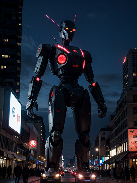 haz un robot gigante invadiendo una ciudad tenebrosa por la noche, GIANT ROBOT