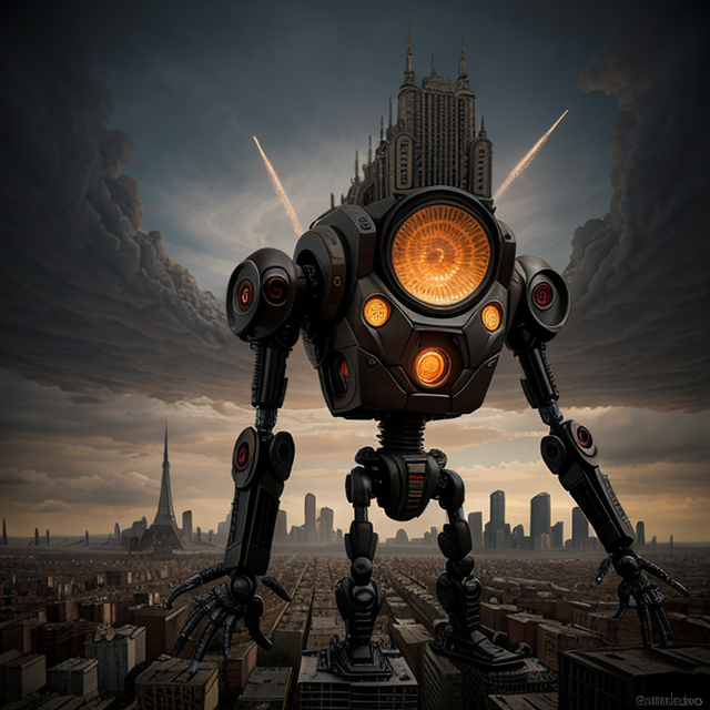  by Anton Semenov, haz un robot Gigante transformer maléfico y que se le vea el cuerpo entero con fondo de ciudad llena de contaminación, abstract dream, intricate details <lora:Add More Details:0.7>