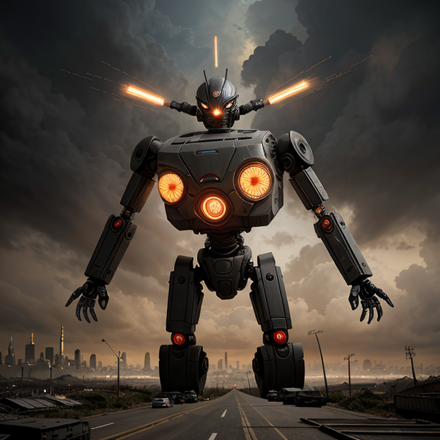  by Anton Semenov, haz un robot Gigante transformer maléfico que lanza rayos y que se le vea el cuerpo entero, con fondo de ciudad llena de contaminación y destruyendo edificios, abstract dream, intricate details <lora:Add More Details:0.7>