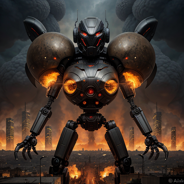  by Anton Semenov, haz un robot Gigante transformer maléfico escupiendo bolas de fuego y que se le vea el cuerpo entero, con fondo de ciudad llena de contaminación y lloviendo y destruyendo edificios subido encima de uno, abstract dream, intricate details <lora:Add More Details:0.7>