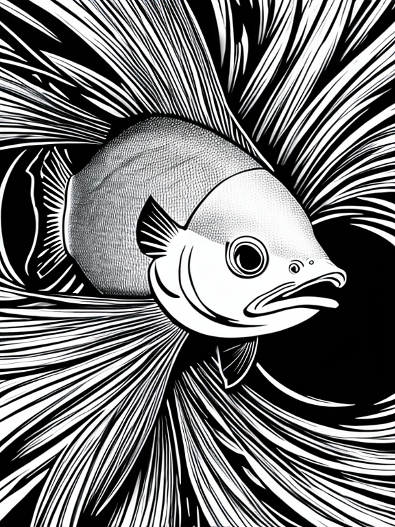 badass fish cartoon in black and white with no background