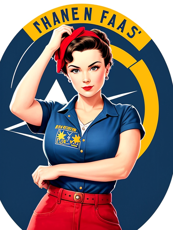 A strong and determined woman inspired by Rosie the Riveter is prominently featured in the foreground, standing confidently on a path with a bright sun rising in the background. She is dressed in a modern, simple outfit with a red bandana and blue work shirt, and has a confident expression. The path behind her is marked with the Alcoholics Anonymous symbol (a triangle within a circle). The American flag is prominently integrated into the scene, taking up more space and clearly visible as part of the background landscape. The entire scene is framed within a circular border, giving it the appearance of a medallion or badge, suitable for printing on a coin. The image is in a vintage style with distinctive vintage color tones like muted blues, faded reds, and sepia, while maintaining a bold and dynamic composition reminiscent of 1940s-1950s propaganda posters. The characteristic features of Rosie the Riveter, such as her strong, determined expression, iconic pose, red bandana, and blue work shirt, are clearly emphasized. This new design should clearly highlight Rosie the Riveter with a focus on her determined expression and iconic pose.