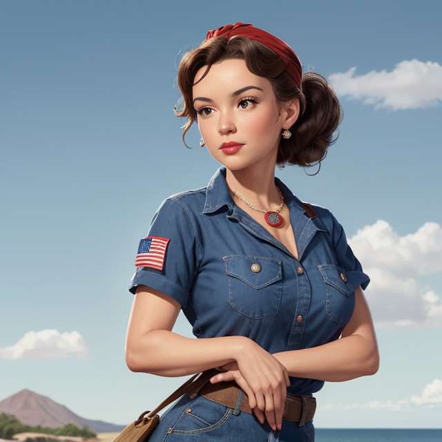 A strong and determined woman inspired by Rosie the Riveter is prominently featured in the foreground, standing confidently on a path with a bright sun rising in the background. She is dressed in a modern, simple outfit with a red bandana and blue work shirt, and has a confident expression. The path behind her is marked with the Alcoholics Anonymous symbol (a triangle within a circle). The American flag is prominently integrated into the scene, taking up more space and clearly visible as part of the background landscape. The entire scene is framed within a circular border, giving it the appearance of a medallion or badge, suitable for printing on a coin. The image is in a vintage style with distinctive vintage color tones like muted blues, faded reds, and sepia, while maintaining a bold and dynamic composition reminiscent of 1940s-1950s propaganda posters. The characteristic features of Rosie the Riveter, such as her strong, determined expression, iconic pose, red bandana, and blue work shirt, are clearly emphasized. This new design should clearly highlight Rosie the Riveter with a focus on her determined expression and iconic pose., cartoon style, Simpson style