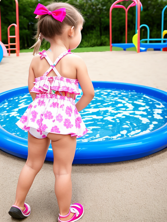 Little toddler girl, playground, bathing suit, looking back