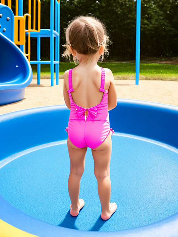 Little toddler girl, playground, tight bathing suit, looking back