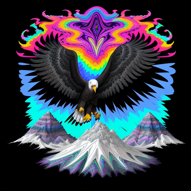 psycodelic hippy repeat pattern, mountain with an eagle flying over it, psychedelic Surrealism, realistic psychedelic hallucinations, Pablo Amaringo psychedelic art, Surreal weird art, Trippy, psychedelics, happiness, love colorful tones, highly detailed clean,  vector image, Professional photography, smoke explosion, Simple background,  flat black background, shiny vector, back background