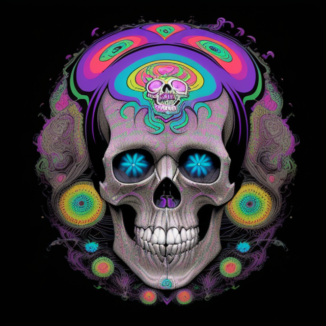 psycodelic hippy repeat pattern, badass skull, psychedelic Surrealism, realistic psychedelic hallucinations, Pablo Amaringo psychedelic art, Surreal weird art, Trippy, psychedelics, happiness, love colorful tones, highly detailed clean,  vector image, Professional photography, smoke explosion, Simple background,  flat black background, shiny vector, back background