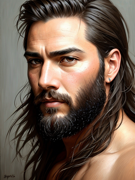 The brushwork is masterful, bringing out the texture of his rugged features with remarkable realism. 