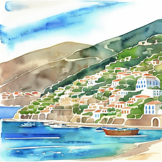 greek fishing village , A simple, minimalistic art with mild colors, using Boho style, aesthetic, watercolor
