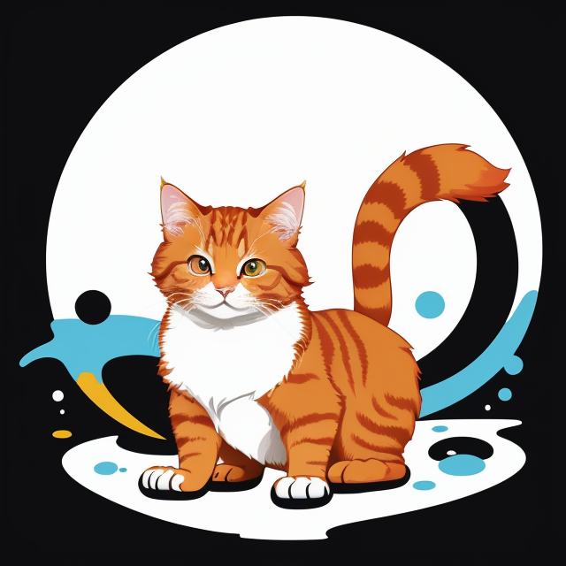 ginger cat with black tail, vector, vibrant color, incredibly high details, white background, plashing colors, Cartoon character, stickers designs
