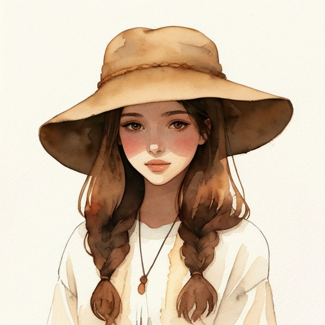 beautiful girl in a hat, A simple, minimalistic art with mild colors, using Boho style, aesthetic, watercolor