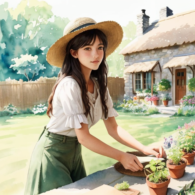 beautiful girl in a hat working in the garden of a cottage, A simple, minimalistic art with mild colors, using Boho style, aesthetic, watercolor