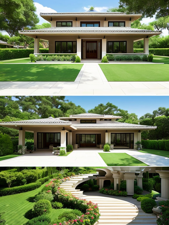 A unique design of a realistic house architecture an oasis of tranquility and elegance. with curved terrace, in a garden, a fountain and large clay vases in the yard, large terrace and porch. outdoor furniture. with crisp details. This unique masterpiece features a curved terrace that flows seamlessly from the interior, extending the living area into the lush garden. 