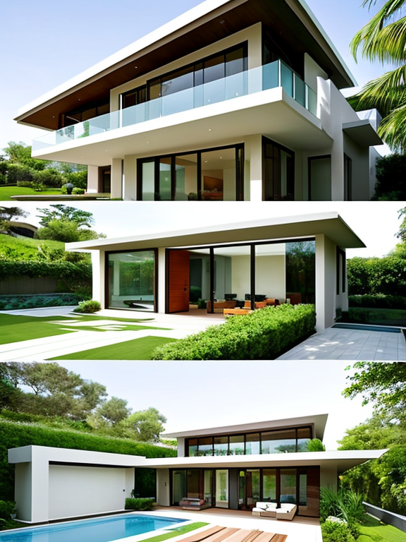 A design of a realistic modern house architecture an oasis of tranquility and elegance. with curved terrace, in a garden, a fountain and large clay vases in the yard, large terrace and porch. outdoor furniture. with crisp details. This unique masterpiece features a curved terrace that flows seamlessly from the interior, extending the living area into the lush garden. 