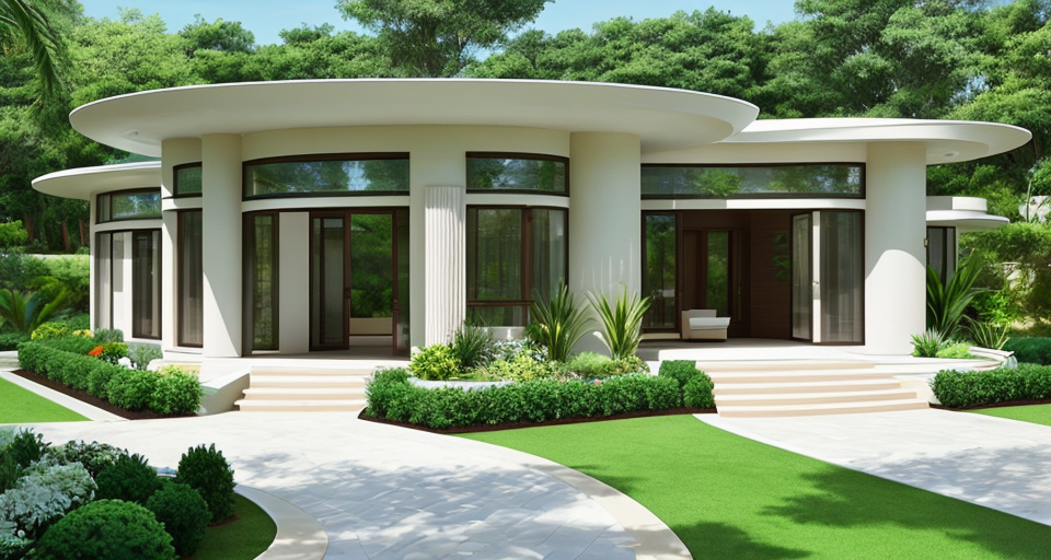 A design of a realistic modern house architecture an oasis of tranquility and elegance. with curved terrace, in a garden, a fountain and large clay vases in the yard, large terrace and porch. outdoor furniture. with crisp details. This unique masterpiece features a curved terrace that flows seamlessly from the interior, extending the living area into the lush garden. 