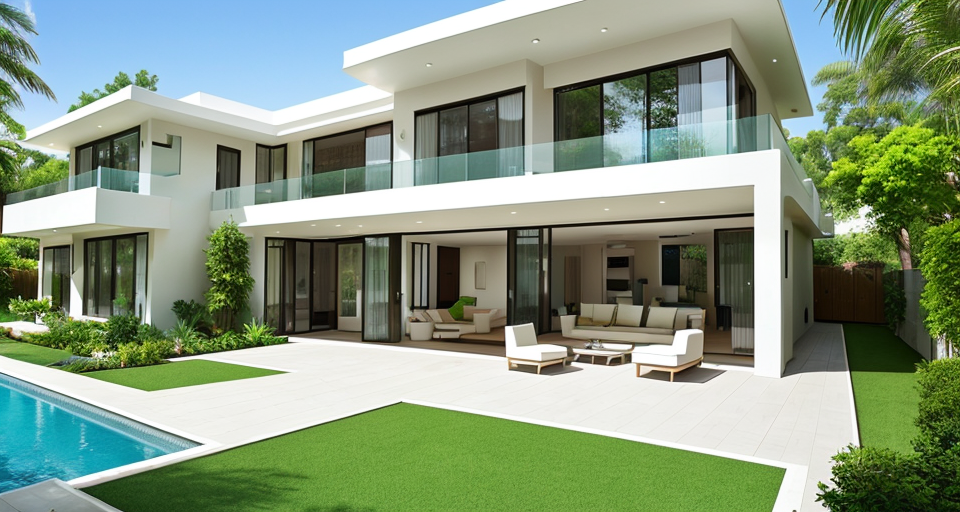 A realistic image of a modern house architecture an oasis of tranquility and elegance. with curved terrace, in a garden, a fountain and large clay vases in the yard, large terrace and porch. outdoor furniture. with crisp details. This unique masterpiece features a curved terrace that flows seamlessly from the interior, extending the living area into the lush garden. 