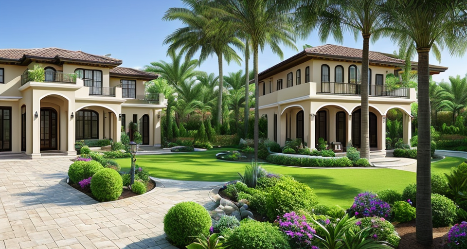 A realistic image of a  house architecture an oasis of tranquility and elegance. with curved terrace, in a garden, a fountain and large clay vases in the yard, large terrace and porch. outdoor furniture. with crisp details. This unique masterpiece features a curved terrace that flows seamlessly from the interior, extending the living area into the lush garden. dramatic lighting details. 