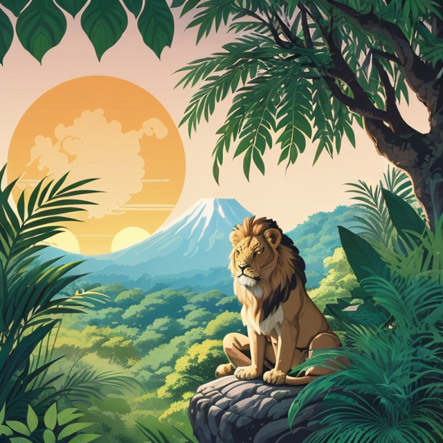 A kid looking at a lion, planar vector, character design, japan style artwork, on a shamanic vision quest, with beautiful nocturnal sun and lush Amazon jungle in the background, subtle geometric patterns, clean white background, professional vector, full shot, 8K resolution, deep impression illustration, sticker type, vibrant color, colorful background, a painting illustration , 2D
