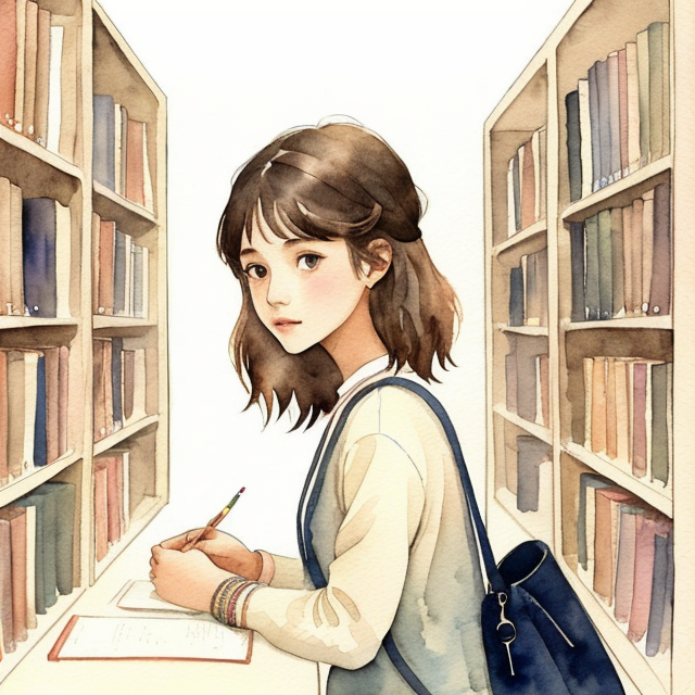 A girl at the library, A simple, minimalistic art with mild colors, using Boho style, aesthetic, watercolor