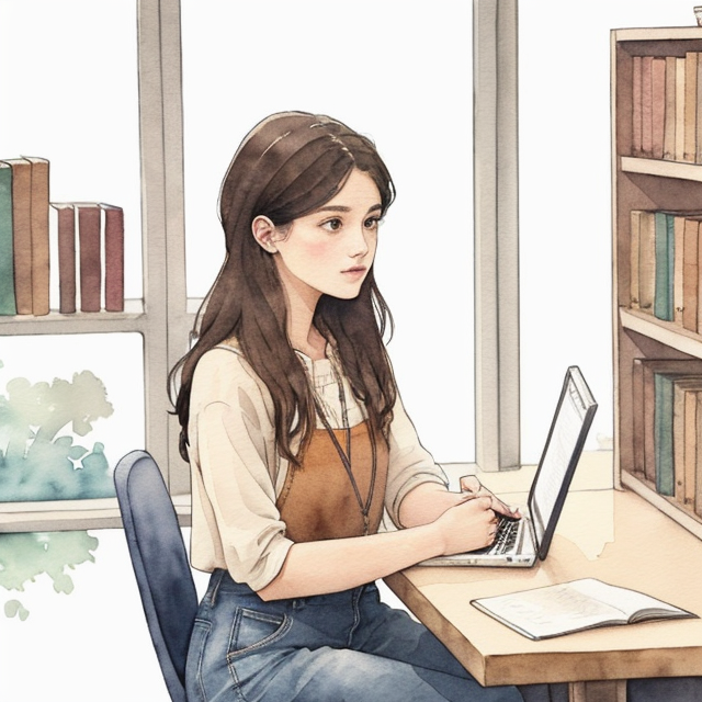 A girl at the library seeing two people talking, A simple, minimalistic art with mild colors, using Boho style, aesthetic, watercolor