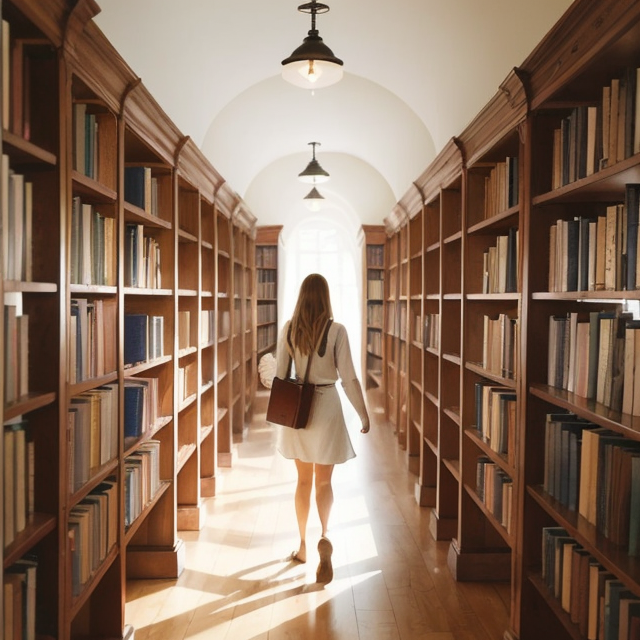 Emily entering the library and walking through rows of bookshelves filled with books., A simple, minimalistic art with mild colors, using Boho style, aesthetic, watercolor