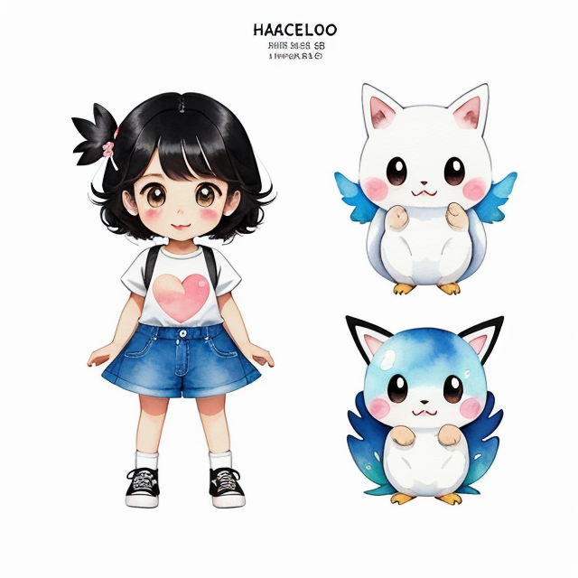 Hacerlo chulo, nice art, well hand-drawn art, colorful, Small body, Cute animal, Cute clothing, Full body, Cute Eyes, Cute expressions, Watercolor style, Storybook style, Character Design, Illustrator, Digital watercolor, White background, Cartoon style, Kawaii, white background, one single character, pokemon style
