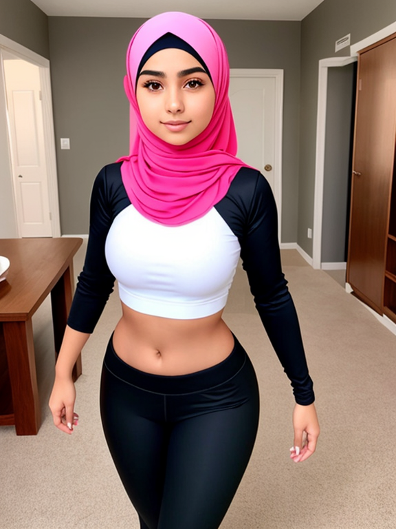 16yo hijabi girl  wearing a tight shirt and leggings and she has a great body 