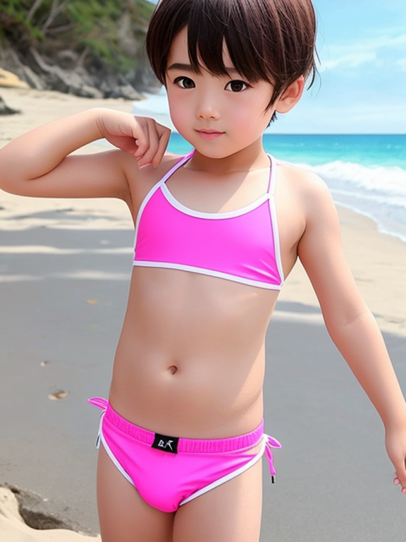Boy kids bikini pink in beach small bulge without bra