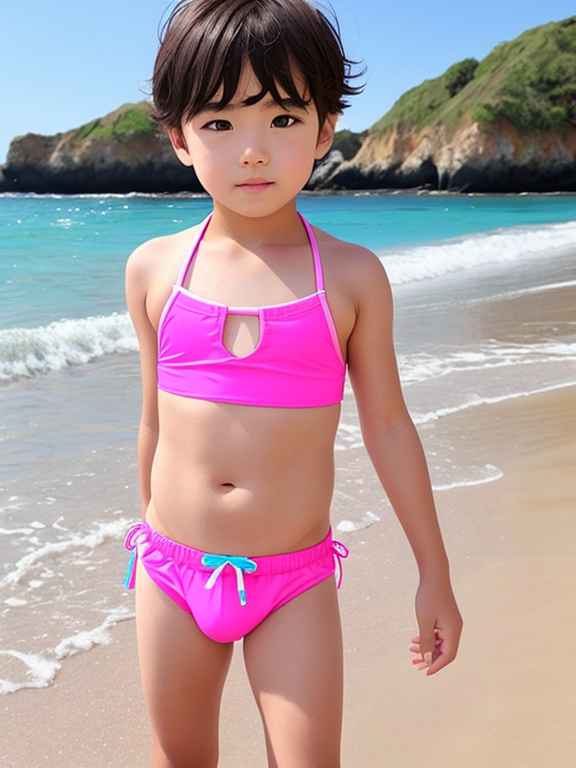 Boy kids bikini pink in beach erect bulge