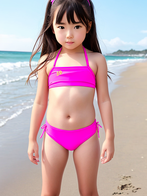 Girl kids bikini pink in beach erect bulge