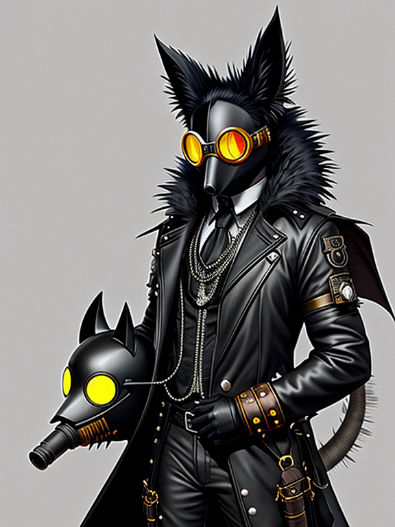 Concept art of hybrid monster between a skunk and a bat with shiny rubber skin, he's wearing a steampunk goggles and a gas mask with lots of tubes and spikes, creepy